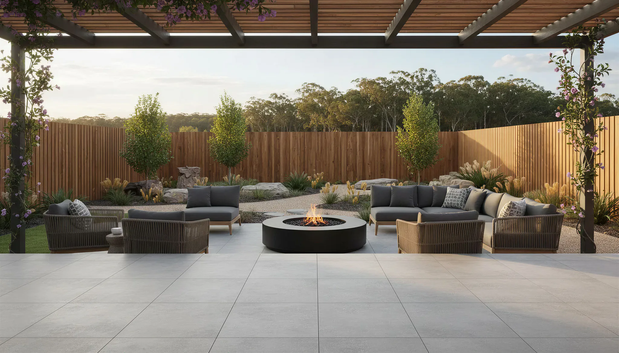 Contemporary backyard patio featuring a circular black firepit surrounded by modern outdoor furniture, gray tile flooring, wooden pergola with purple flowering vines, and landscaped garden with orn...