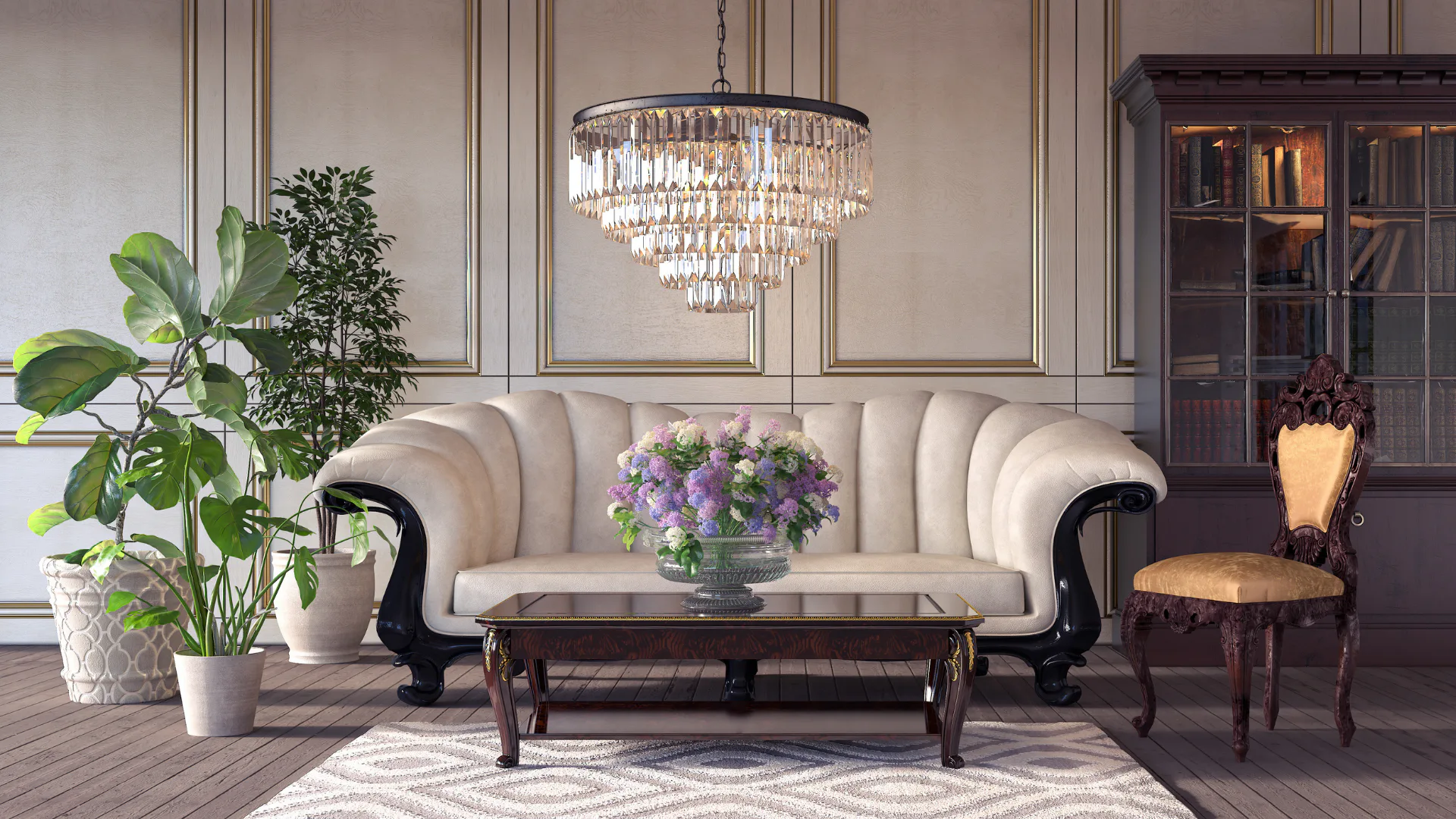 Elegant traditional living room featuring a cream-colored sofa with black curved wooden arms, crystal chandelier overhead, dark wood coffee table, purple and white floral arrangement, potted plants...