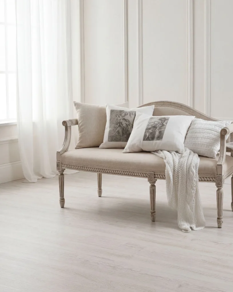 Elegant cream-colored traditional settee with ornate carved details and neutral throw pillows positioned on light wood-look vinyl plank flooring in bright room