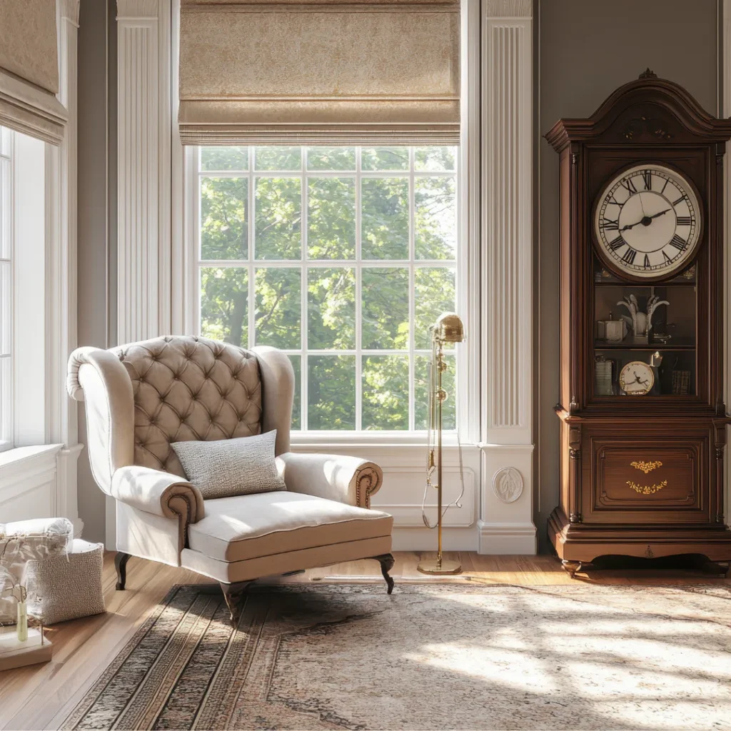 Cream tufted wingback chair positioned by large multi-pane window with garden views, adjacent to dark wood grandfather clock with roman numerals, brass floor lamp, and neutral area rug on hardwood ...