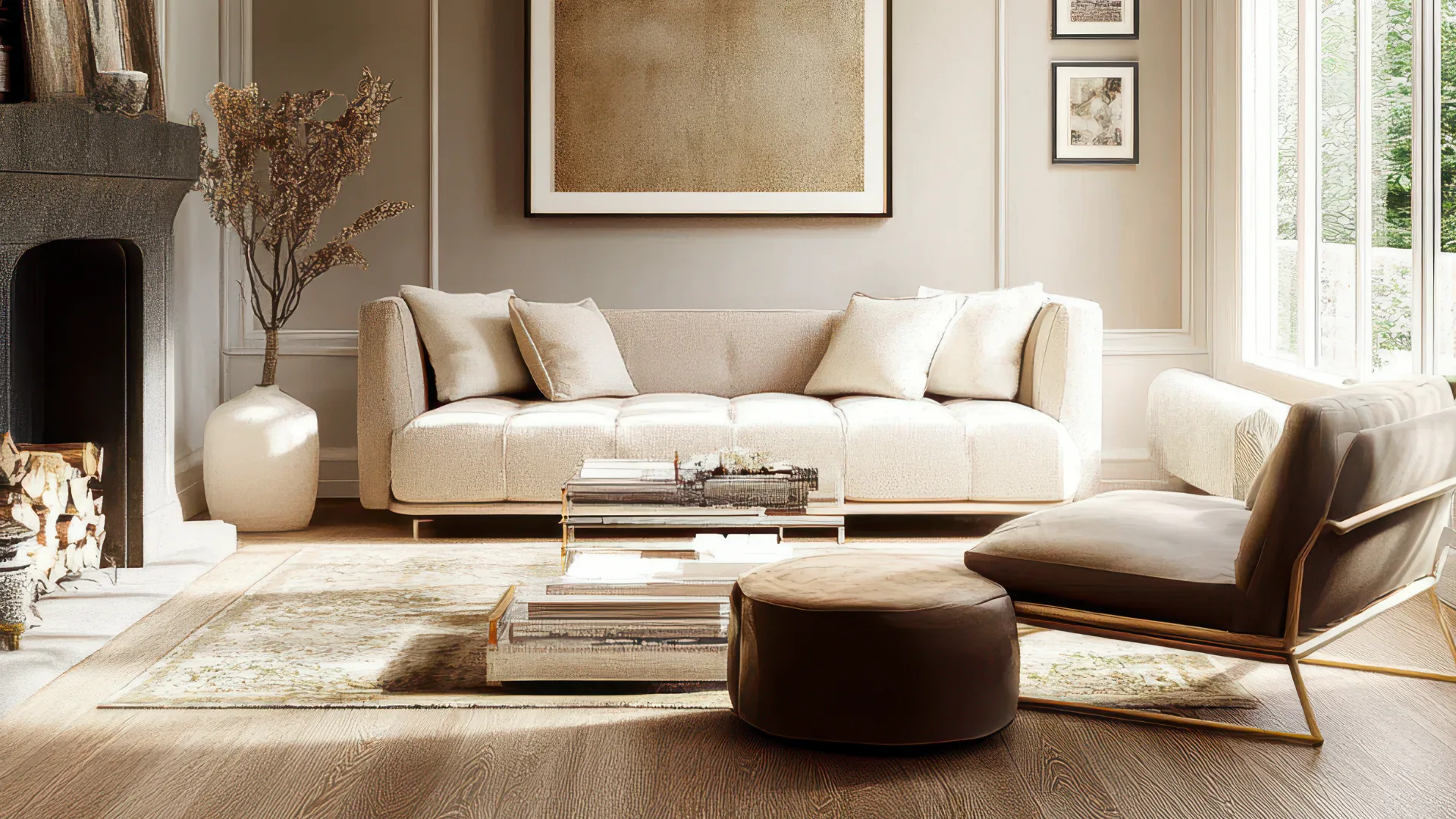 Bright transitional living room featuring a cream upholstered sofa with throw pillows, brown leather armchair, round ottoman, layered area rugs, fireplace, framed gold artwork, and floor-to-ceiling...