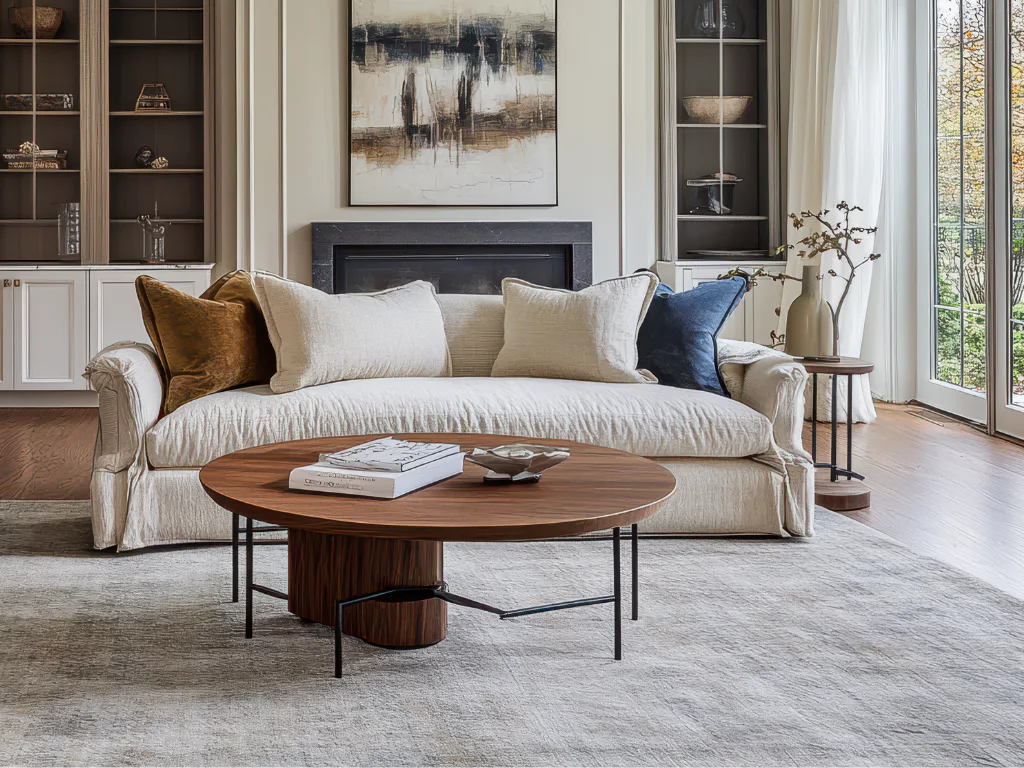 Elegant transitional living room featuring a cream linen sofa with gold, cream, and blue accent pillows, wood oval coffee table with metal base, built-in shelving, fireplace, and large windows with...