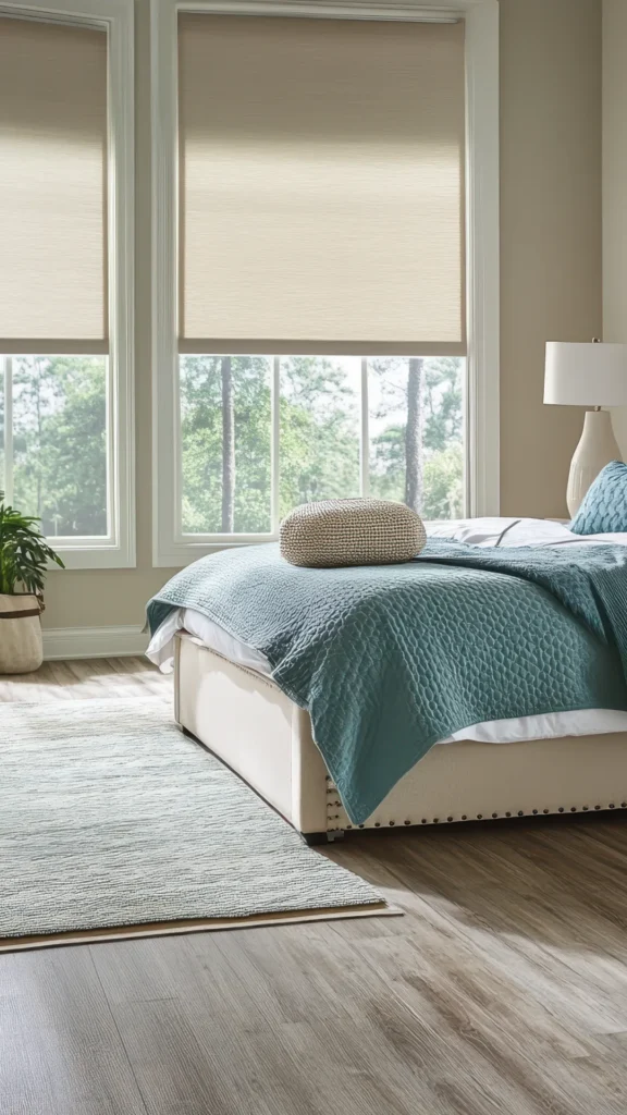 Serene bedroom featuring a teal quilted bed with tan pouf, large windows with beige cellular shades framing forest trees, wooden flooring, neutral walls, potted plant, and table lamp