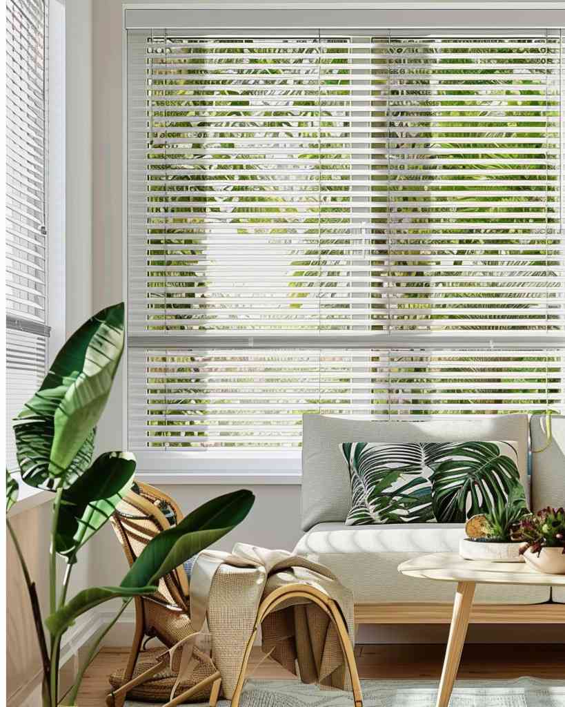 Modern living room featuring large white venetian blinds on windows, gray sectional sofa with tropical palm leaf pillows, wicker chair, and banana plant in corner