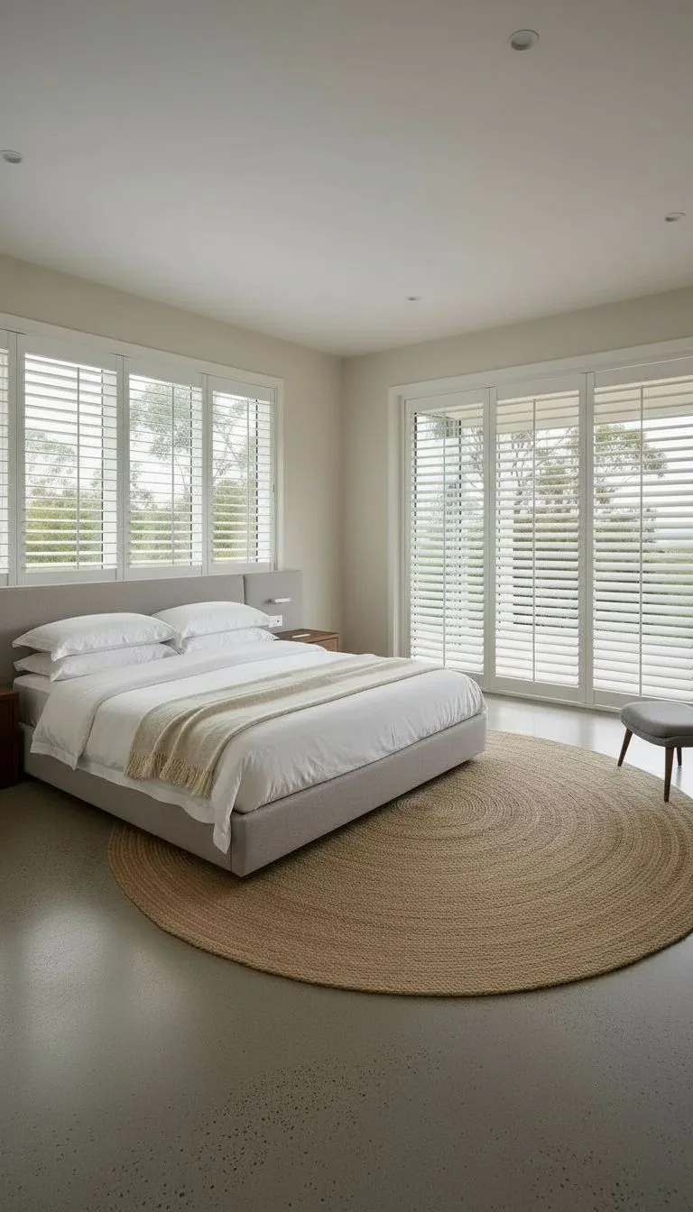 Modern bedroom with white plantation shutters on windows and sliding doors, featuring a gray upholstered bed with white bedding, round jute rug, and polished concrete floors