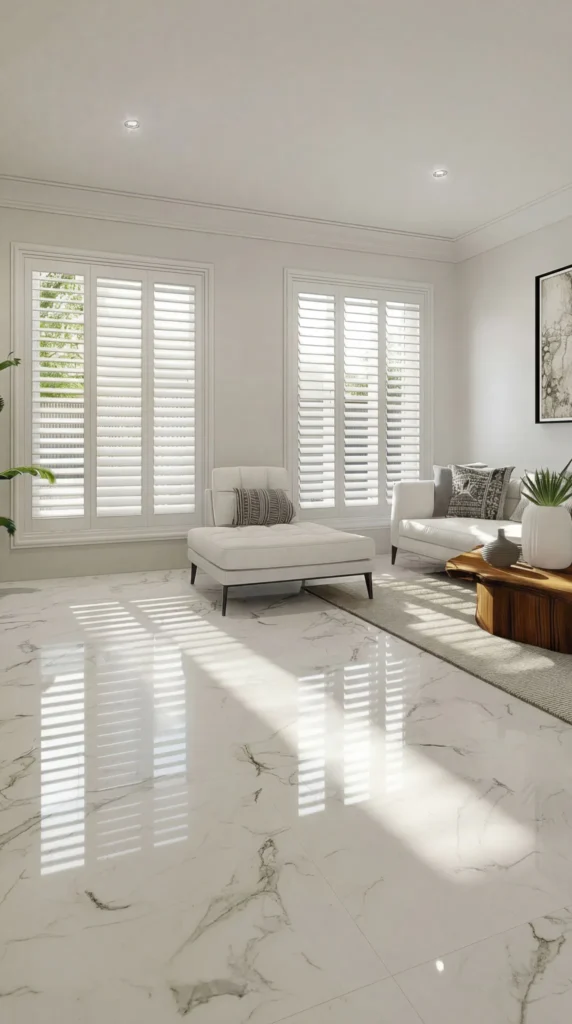 Bright modern living room with white plantation shutters on two large windows, featuring white furniture, marble floors, and natural sunlight streaming through louvres creating shadow patterns.