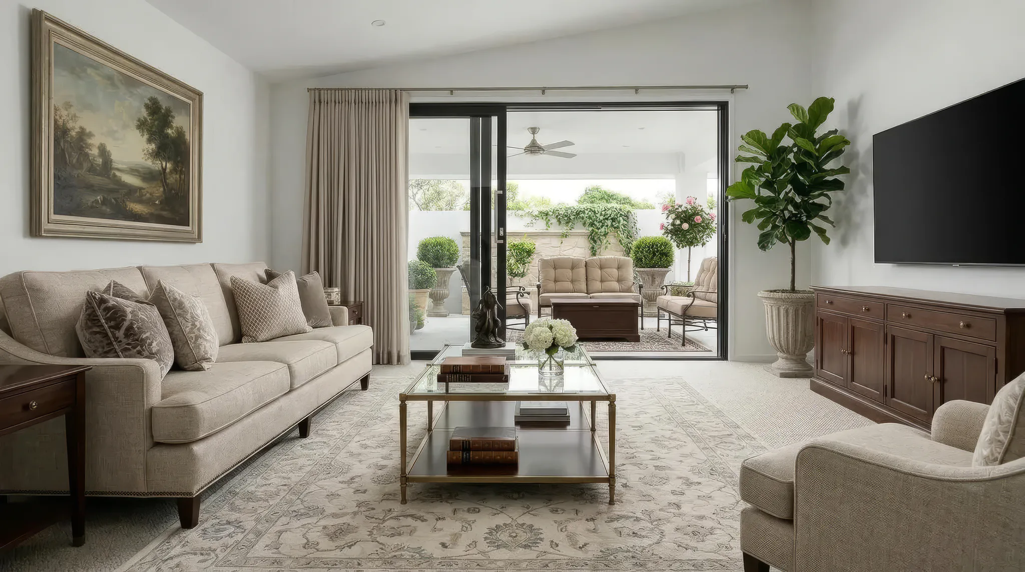 Elegant transitional living room featuring a beige carpet with patterned design, cream sofa, metallic coffee table, framed landscape artwork, and glass doors opening to an outdoor patio with furnis...