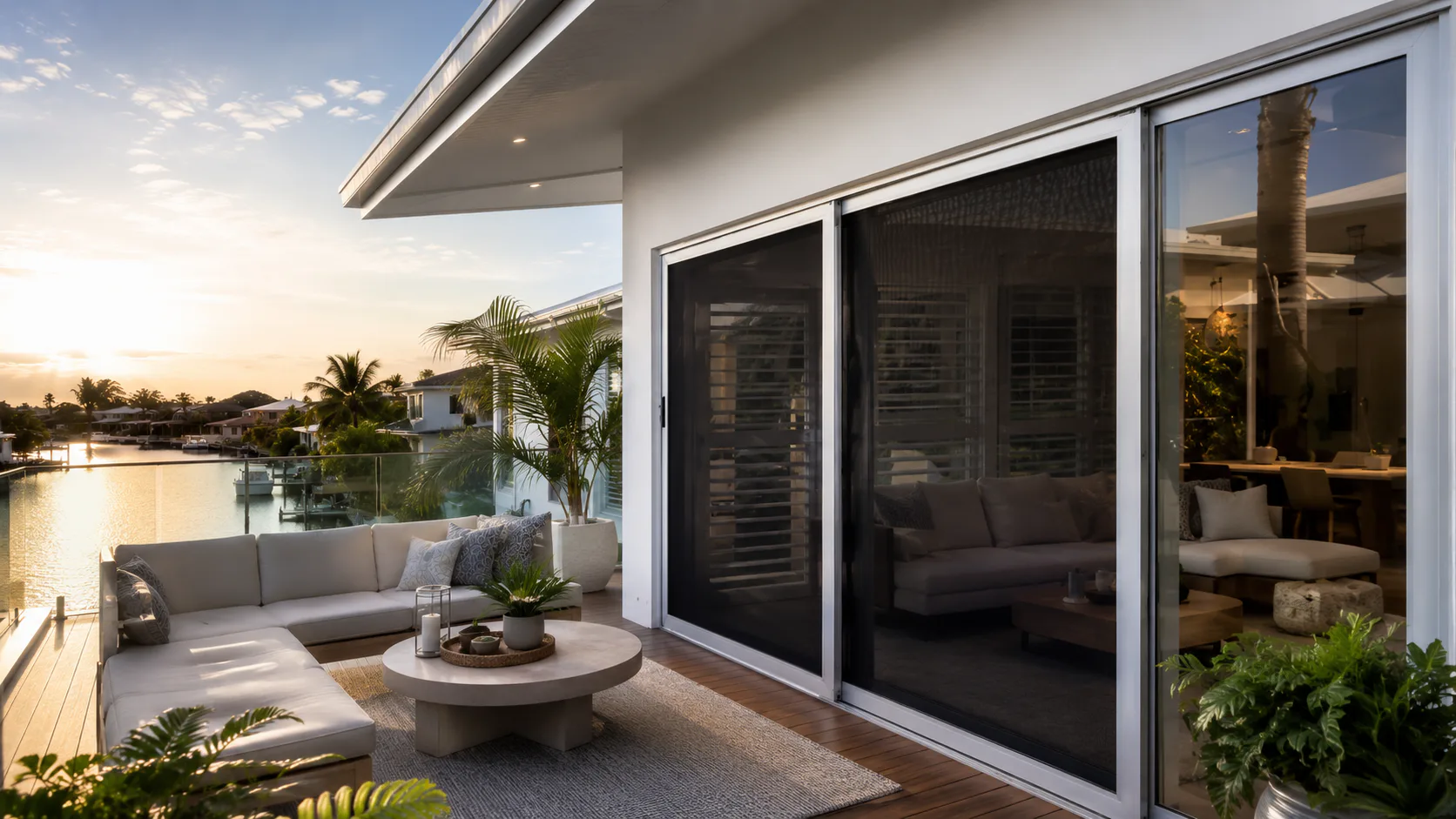 Luxury waterfront balcony with black retractable security screens, beige outdoor sofa, round concrete table, and water views with palm trees visible beyond frameless glass railing.