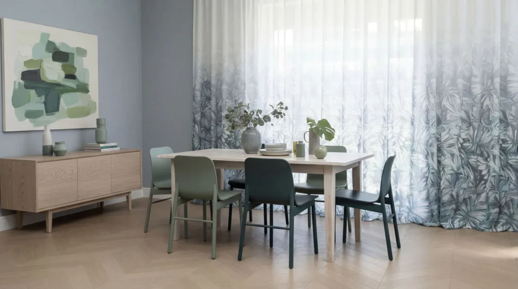 Contemporary dining room featuring a light wood table with green and black chairs, wooden sideboard with abstract green artwork, and floor-to-ceiling sheer curtains with botanical palm leaf patterns
