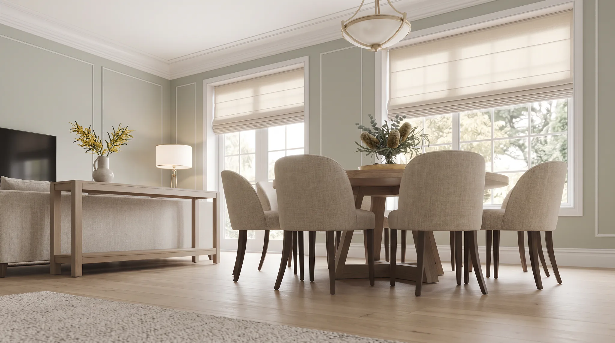 Bright dining room featuring a round wood table with four beige upholstered chairs, large windows with cream roller blinds, light green walls with white trim, and a contemporary pendant light fixtu...