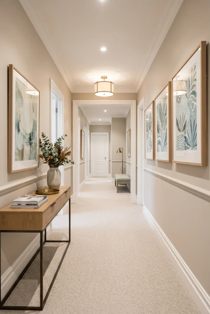 Bright hallway featuring wooden console table with ceramic vase and plants, gallery wall with framed botanical prints, recessed lighting, white crown molding, and neutral beige carpet flooring