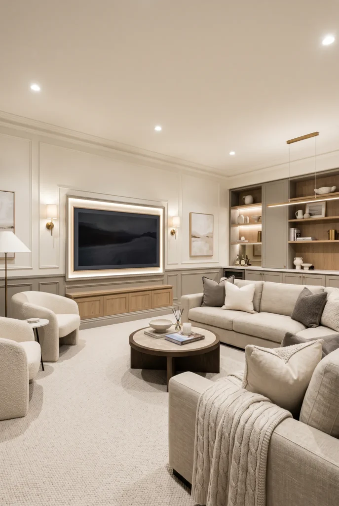 Elegant transitional media room featuring cream upholstered seating, wooden round coffee table, wall-mounted TV with LED frame, built-in shelving with warm lighting, and recessed ceiling lights thr...